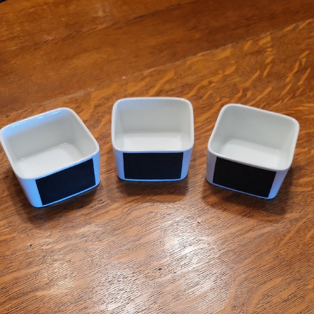 Set of Three White and Black Ceramic Condiment Bowls With Chalkboard Front